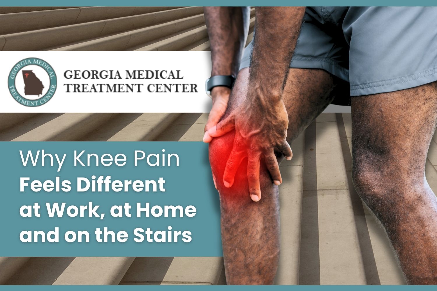 Man gripping his knee with a red pain indicator while on stairs, illustrating knee pain during daily activities