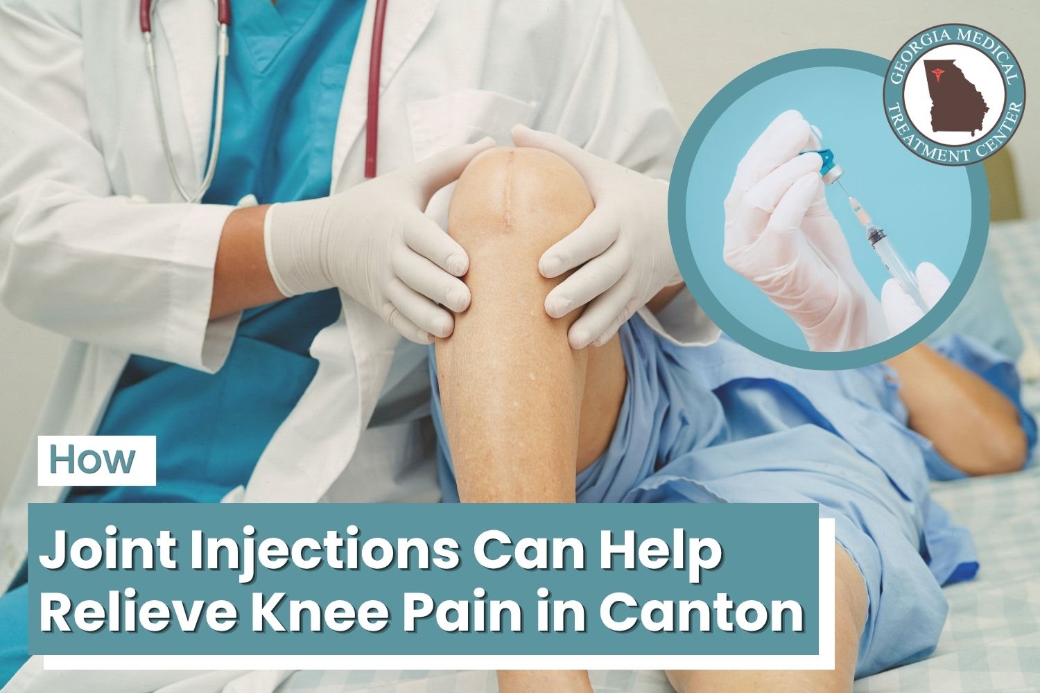 Doctor examining a patient's knee with a syringe inset, illustrating joint injection treatment for knee pain in Canton, GA