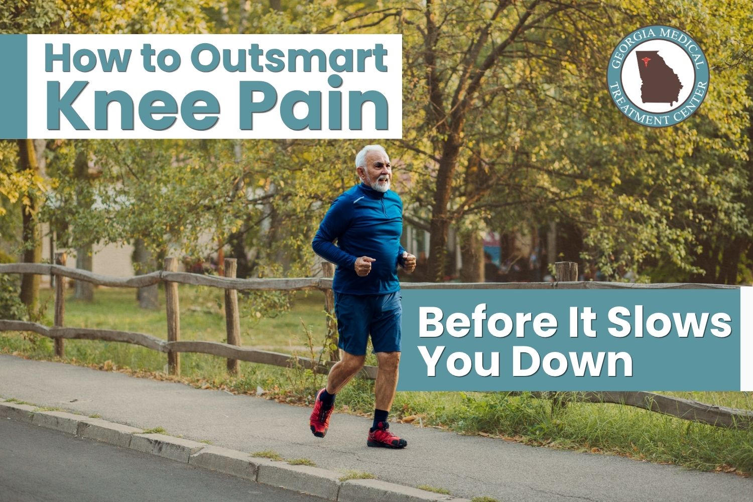 How to Outsmart Knee Pain Before It Slows You Down | Georgia MTC Older man running outdoors on a path through a park, illustrating staying active while managing knee pain